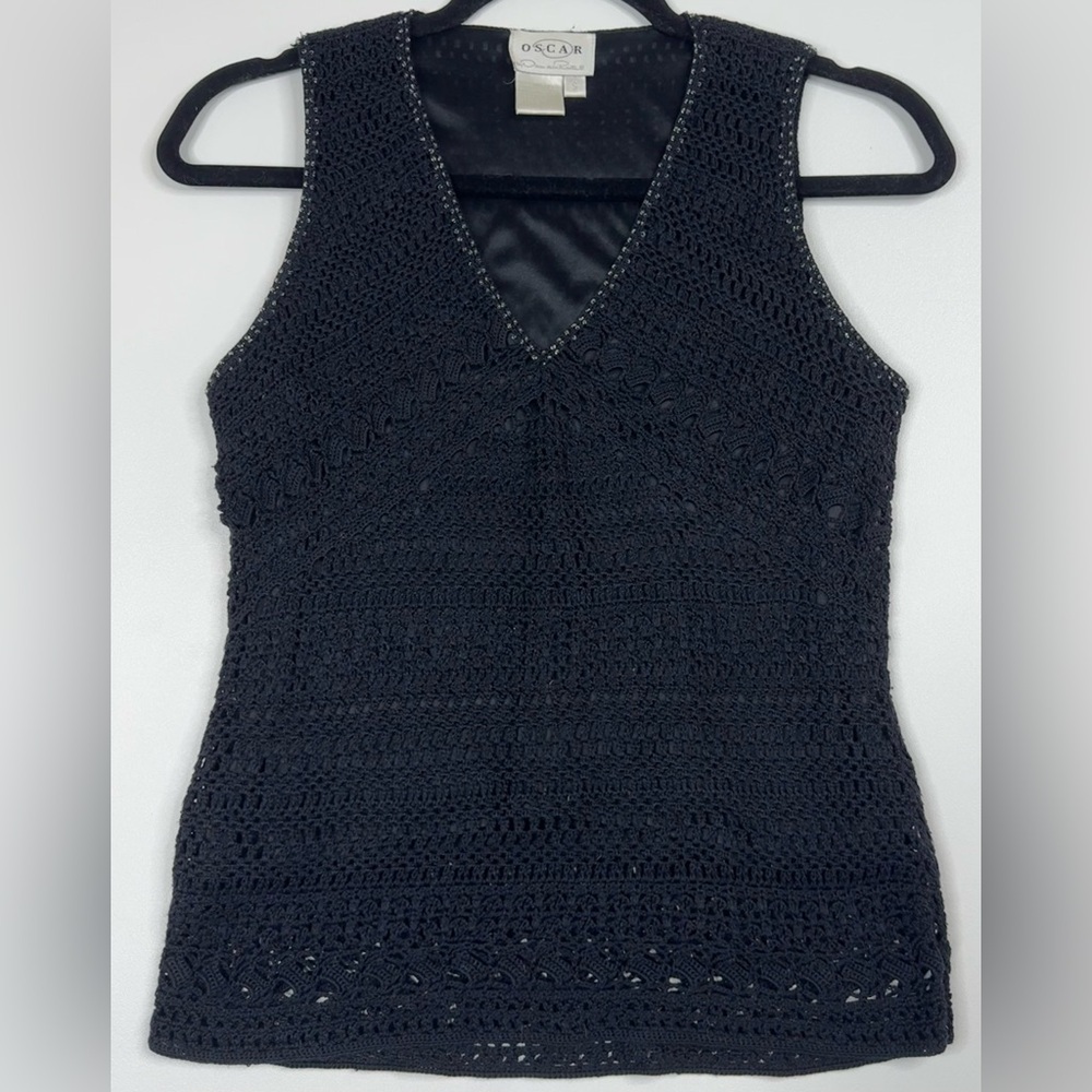 Oscar de la Renta 100% Silk Crochet Lined V Neck Sleeveless Sweater Womens Small